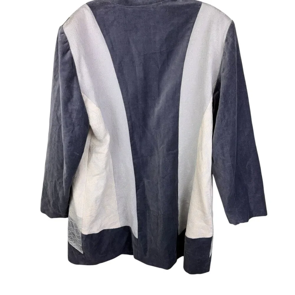 Women's CHICO'S Gray Velvet Lace Patchwork Artisan Jacket Blazer Size 2 Large Po